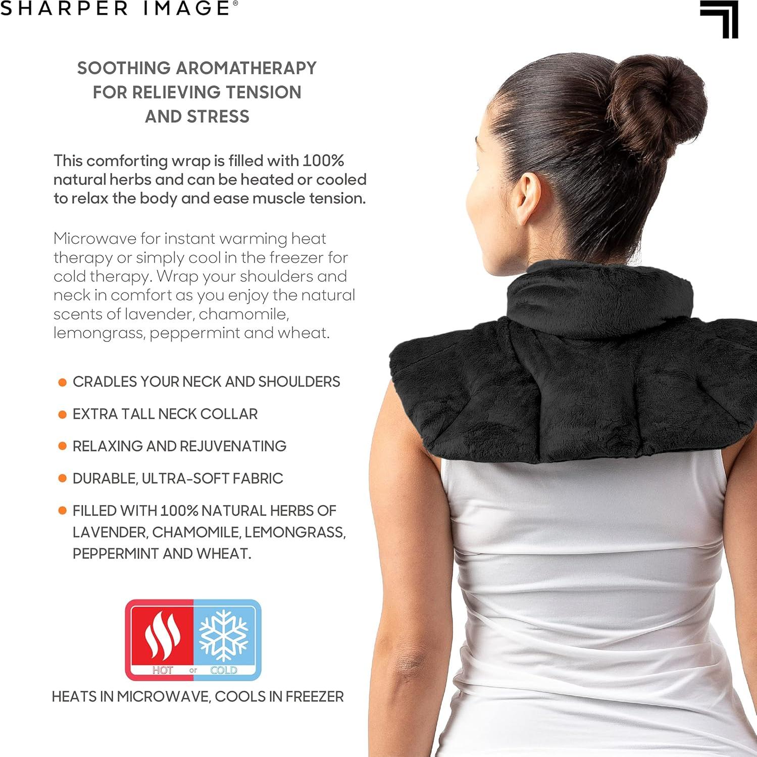 Sharper Image Heated Neck & Shoulder Wrap - Microwavable Warm & Cooling Plush Pad, Scented Aromatherapy (100% Natural Lavender & Herb Spa Blend), Pain Tension Headache Relief Therapy, Gift for Women