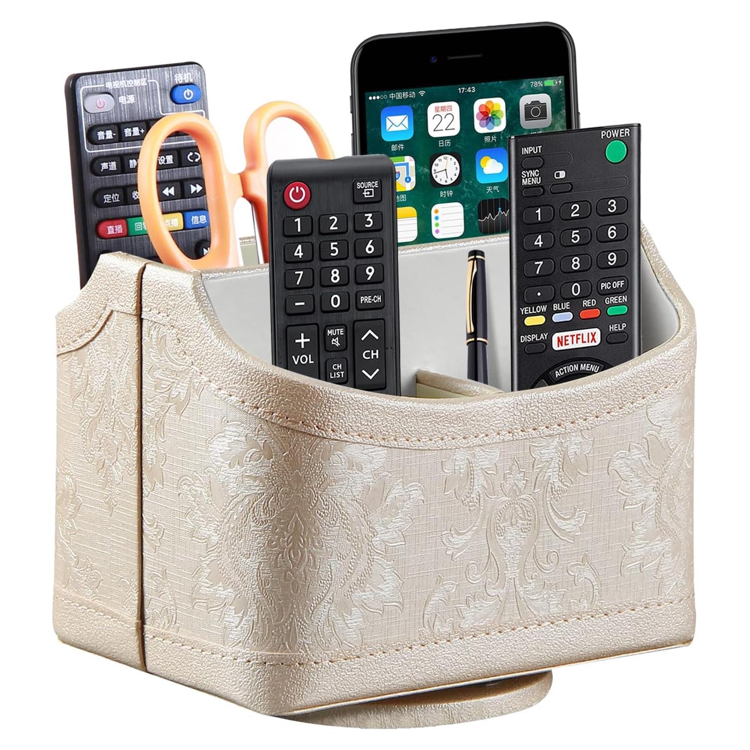 PUSU Leather 360°Rotatable Remote Control Holder,Nightstand TV Remote Caddy,Office Supplies Desktop Organizer,Spinning Storage Box for Pen,Mail,Phone,DVD, Blu-Ray, Media Player, Heater Controllers