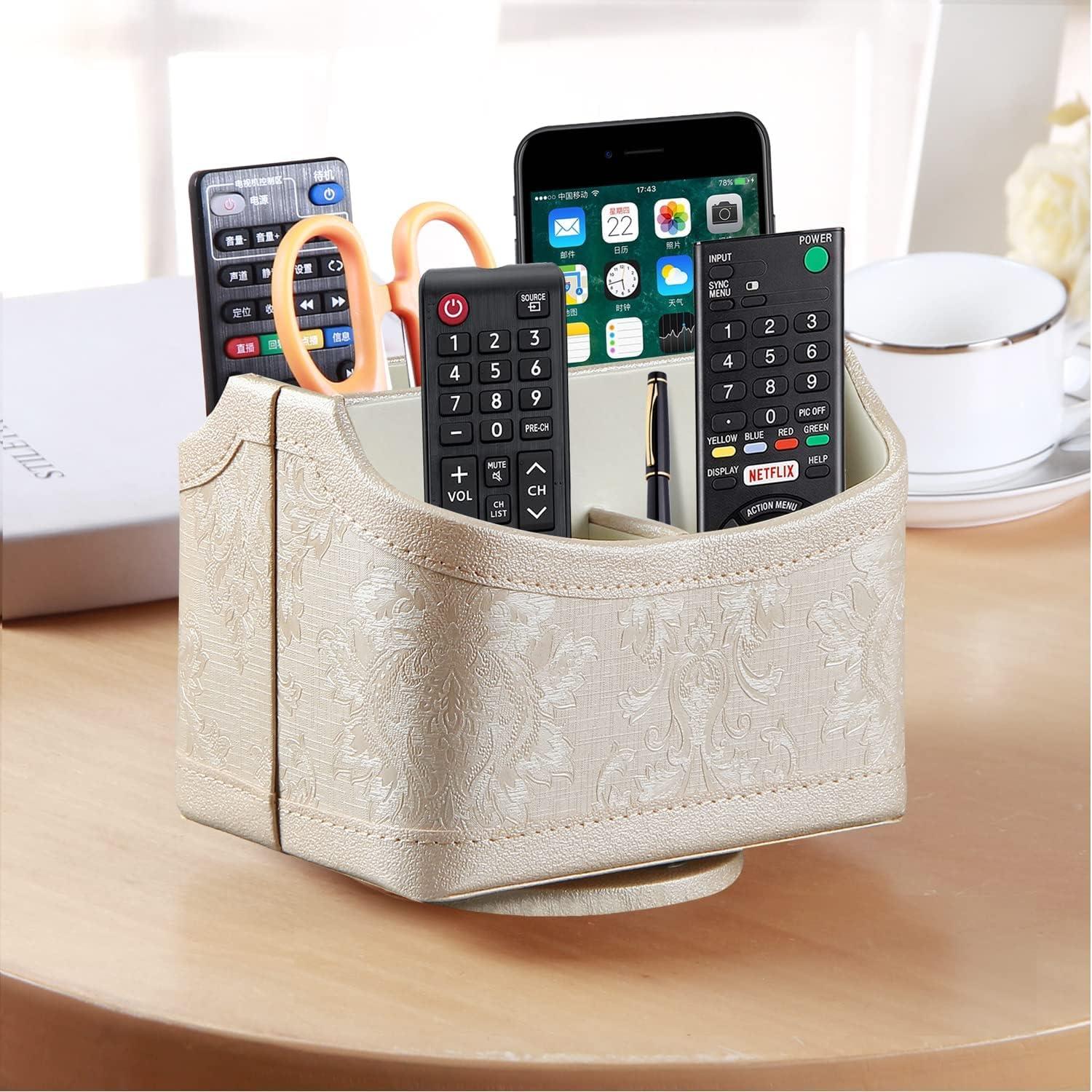 PUSU Leather 360°Rotatable Remote Control Holder,Nightstand TV Remote Caddy,Office Supplies Desktop Organizer,Spinning Storage Box for Pen,Mail,Phone,DVD, Blu-Ray, Media Player, Heater Controllers