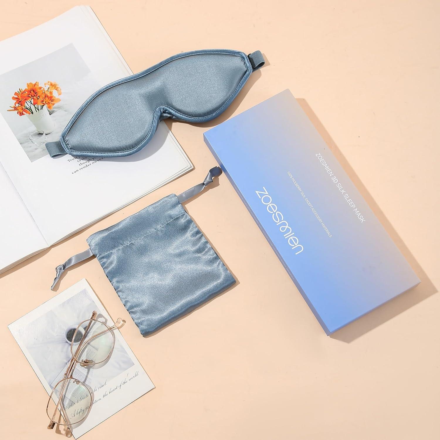 Máscara de Sueño de Seda ZOESMIEN Azul Brumoso 100% Morera