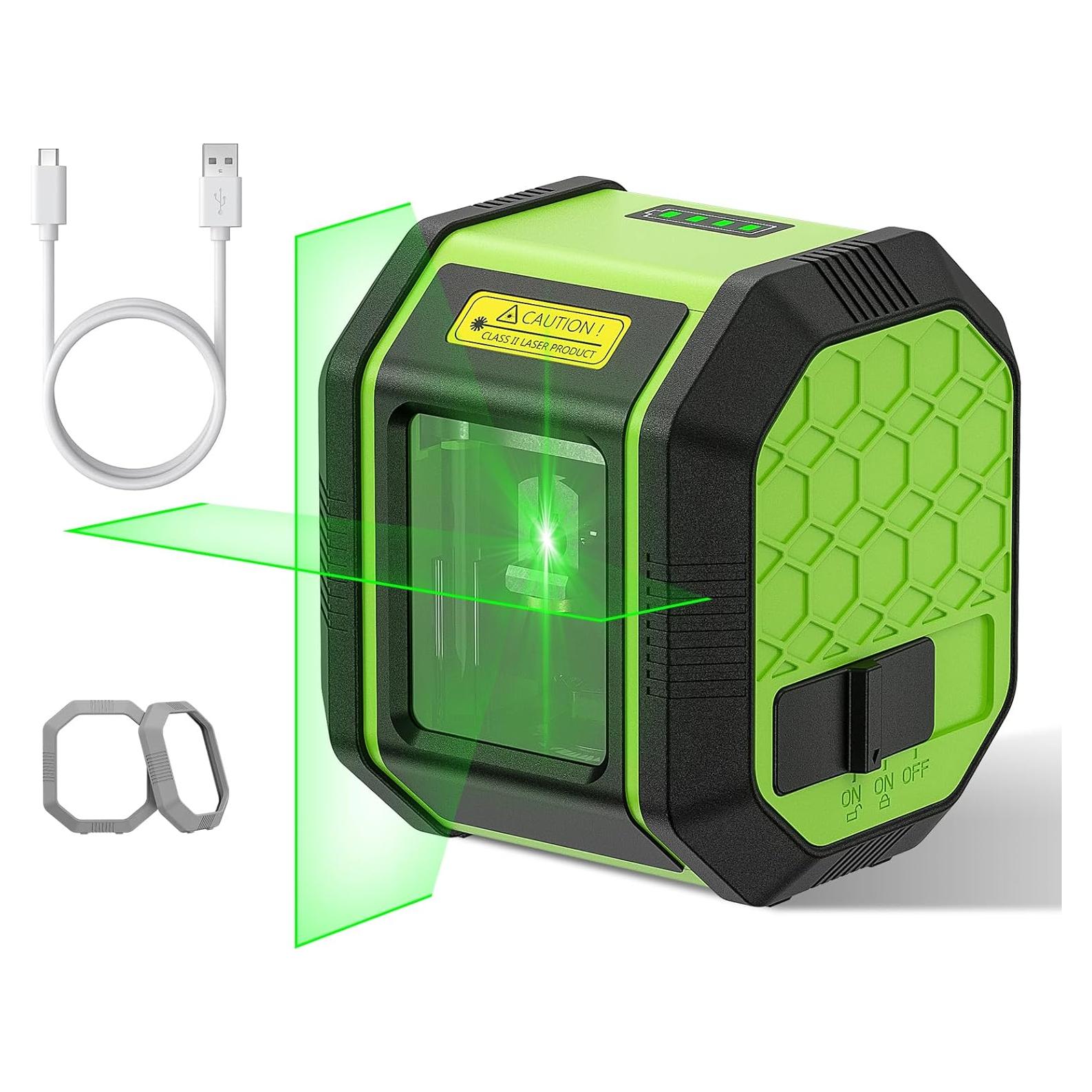 Laser Level, HUEPAR Self leveling Green Cross Line Laser Level 100Ft Accurate Level Laser Tool for DIY Construction & Decoration Indoor Projects, Built-in Li-ion Battery for Longer Working Time