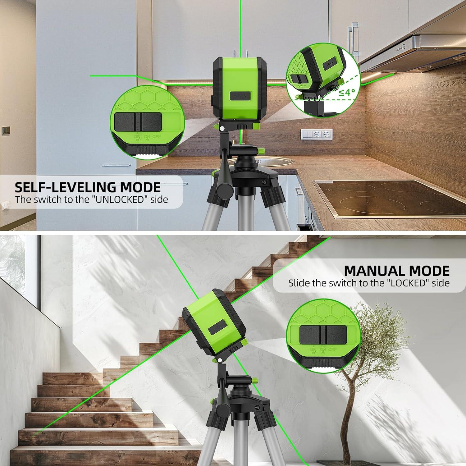 Laser Level, HUEPAR Self leveling Green Cross Line Laser Level 100Ft Accurate Level Laser Tool for DIY Construction & Decoration Indoor Projects, Built-in Li-ion Battery for Longer Working Time