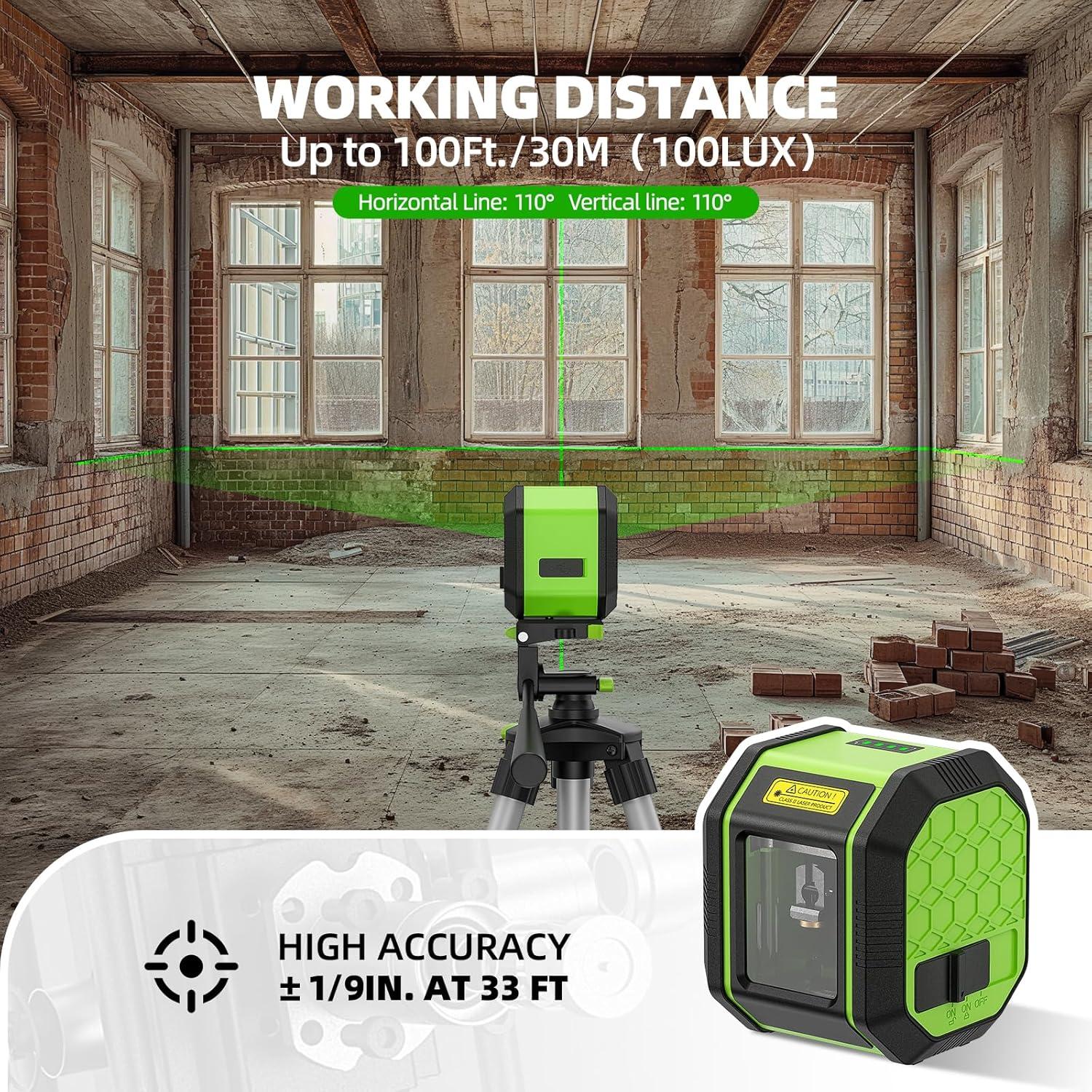 Laser Level, HUEPAR Self leveling Green Cross Line Laser Level 100Ft Accurate Level Laser Tool for DIY Construction & Decoration Indoor Projects, Built-in Li-ion Battery for Longer Working Time