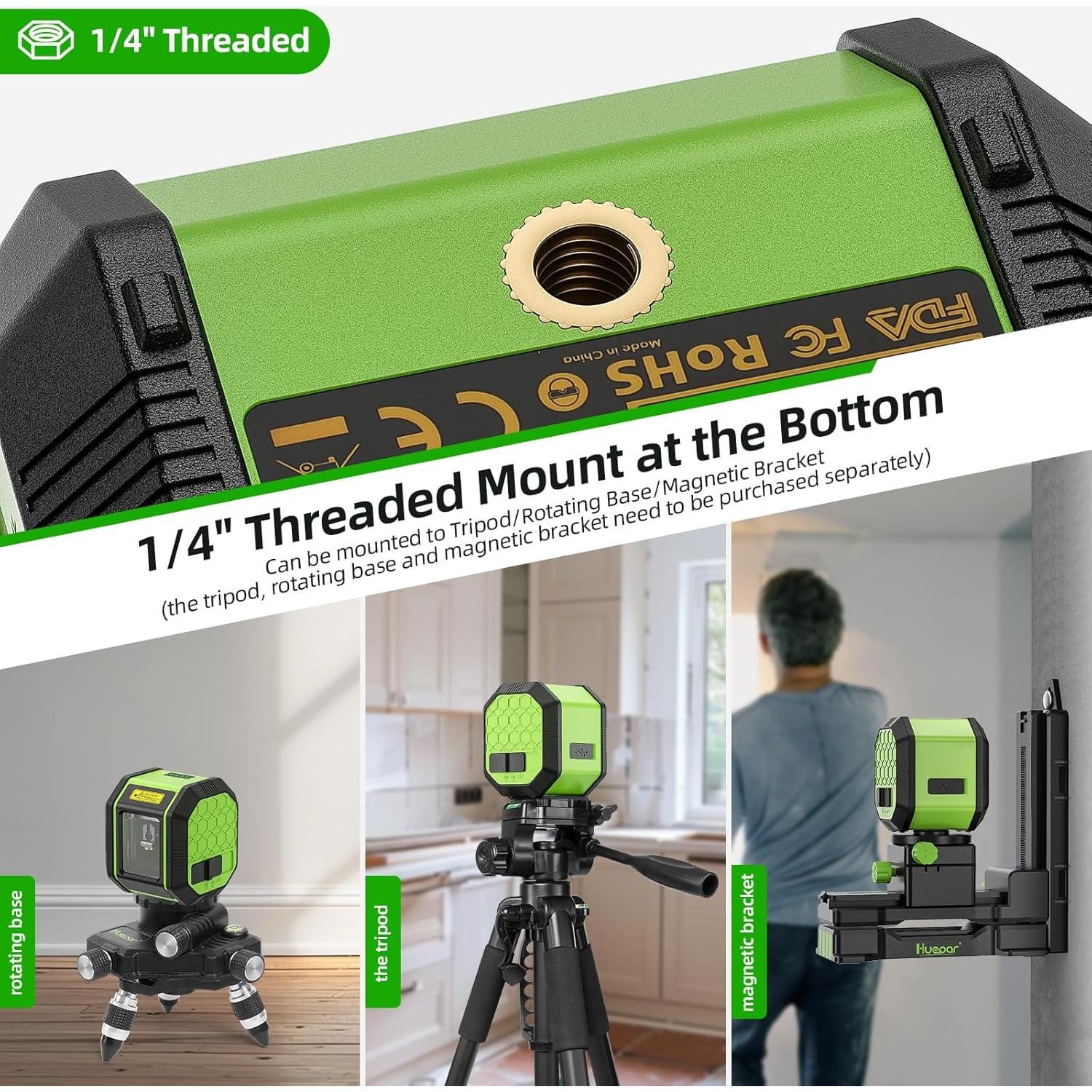 Laser Level, HUEPAR Self leveling Green Cross Line Laser Level 100Ft Accurate Level Laser Tool for DIY Construction & Decoration Indoor Projects, Built-in Li-ion Battery for Longer Working Time