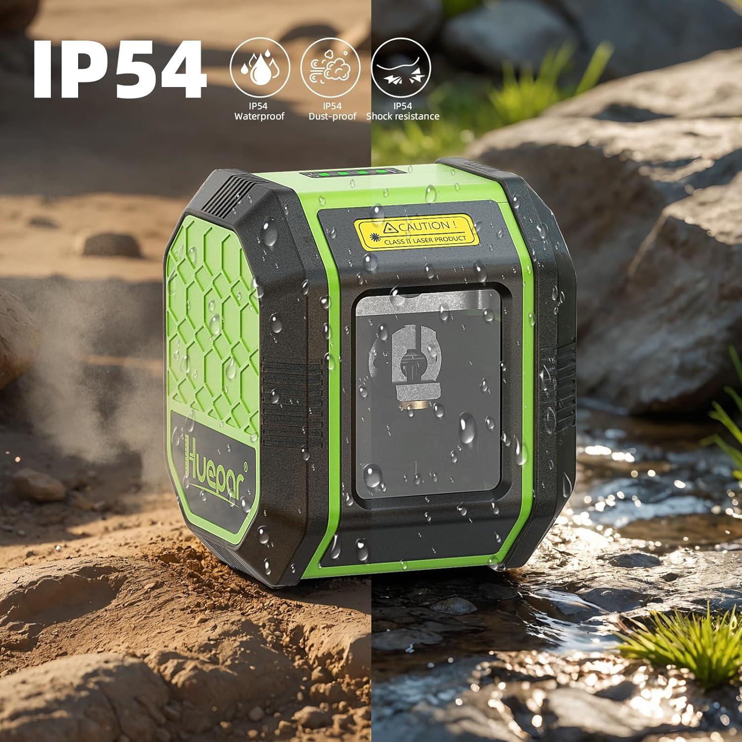 Laser Level, HUEPAR Self leveling Green Cross Line Laser Level 100Ft Accurate Level Laser Tool for DIY Construction & Decoration Indoor Projects, Built-in Li-ion Battery for Longer Working Time