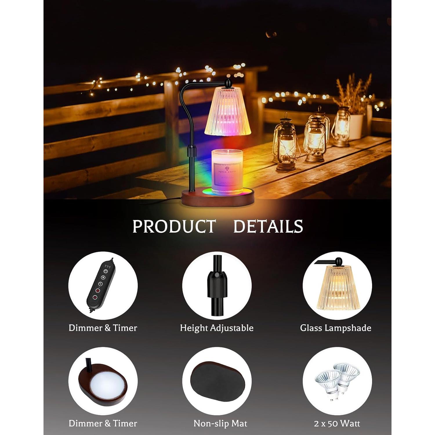 Candle Warmer Lamp with 7 LED Colors Lamp,Candle Warmer with Timer Dimmer Adjustable Height, for Women Mom,Birthday Gifts for Women Mom, Candle Lamp Warmer with 2 Bulbs
