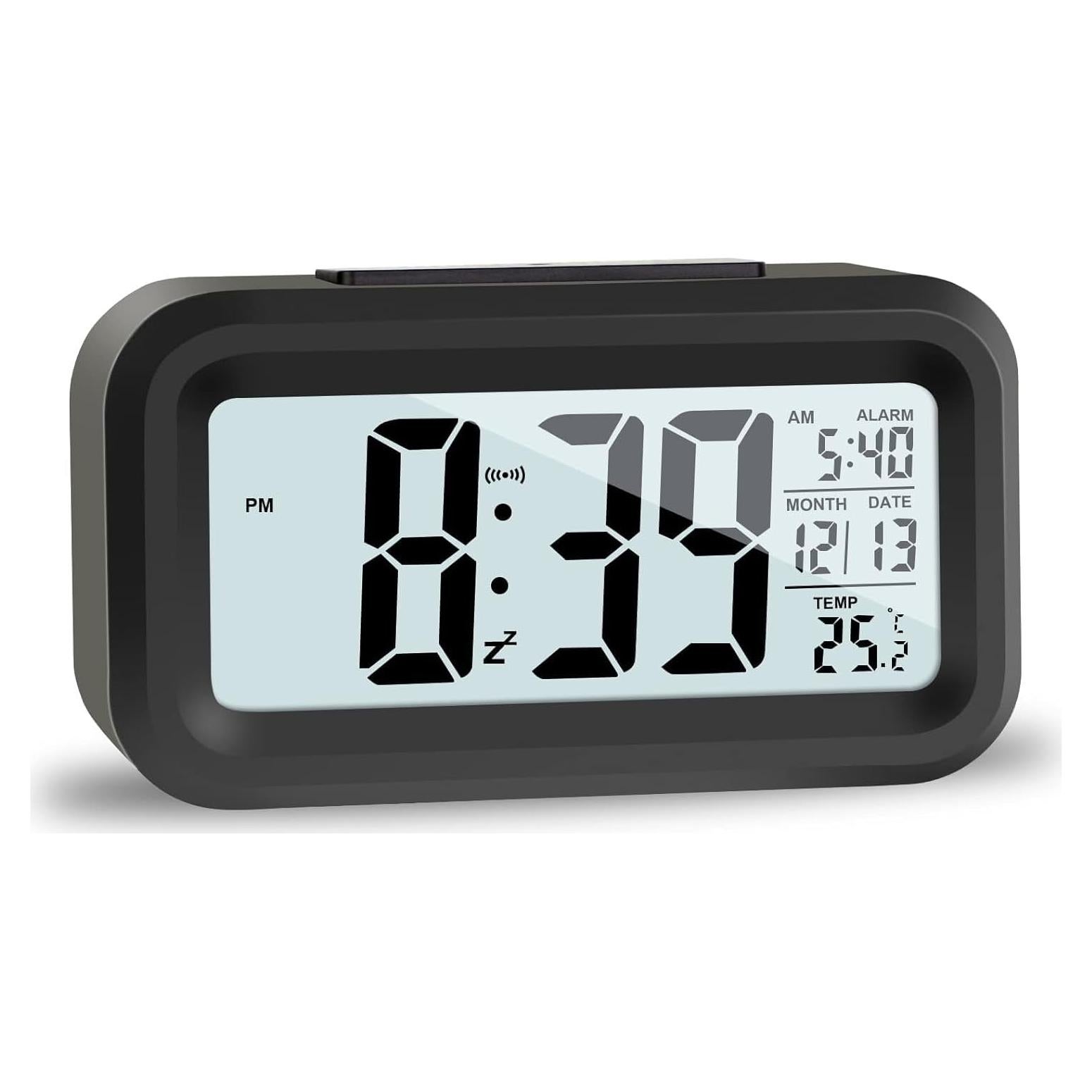 Upgraded Digital Alarm Clock, 4.3" LED Display with Temperature Larger Lound Light Control Portable Snooze Calendar Brightness for Everyone (Black)