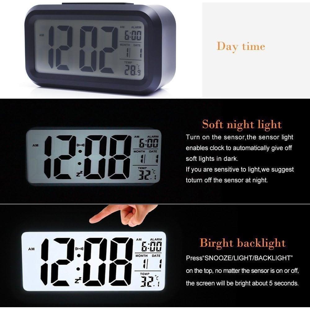 Upgraded Digital Alarm Clock, 4.3" LED Display with Temperature Larger Lound Light Control Portable Snooze Calendar Brightness for Everyone (Black)