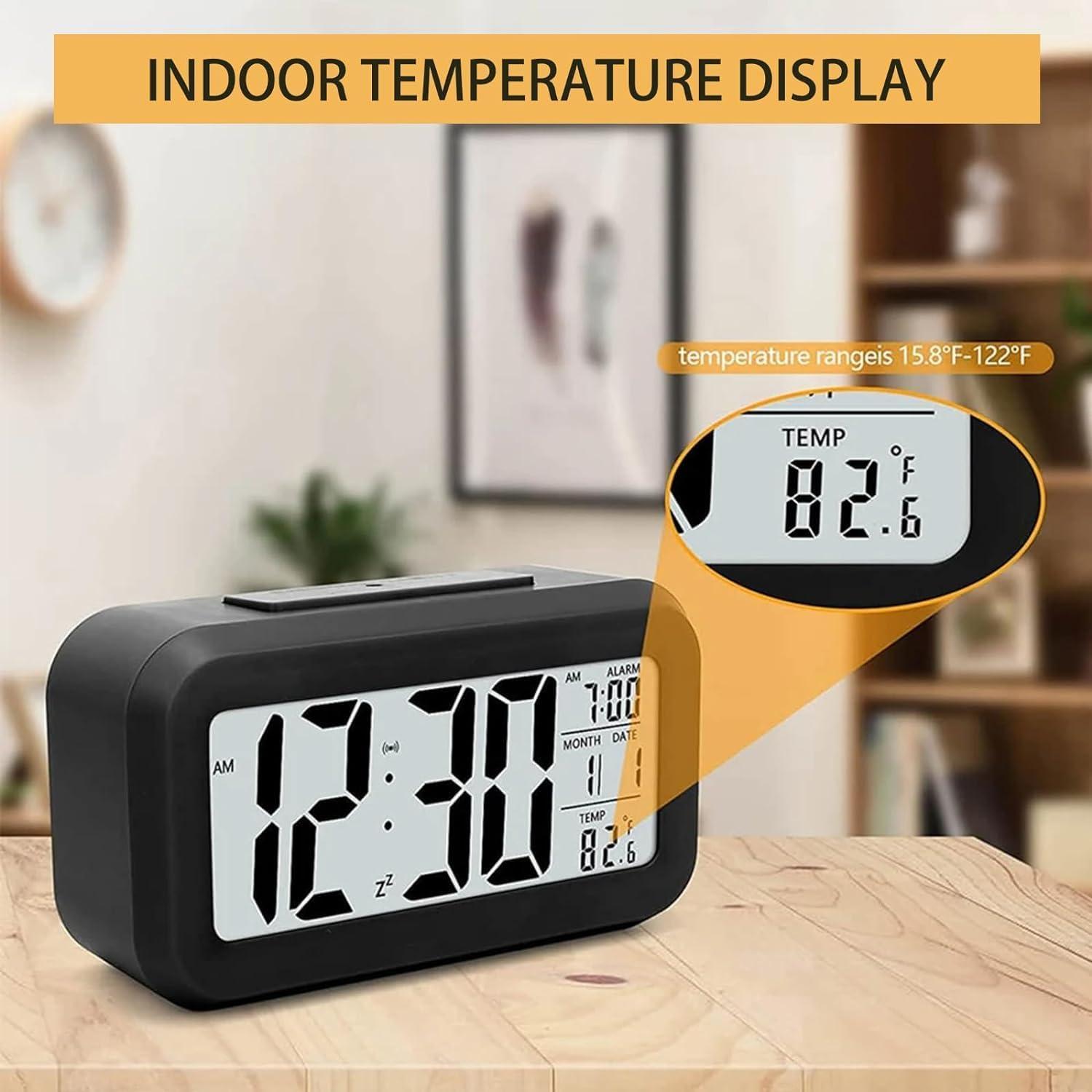 Upgraded Digital Alarm Clock, 4.3" LED Display with Temperature Larger Lound Light Control Portable Snooze Calendar Brightness for Everyone (Black)