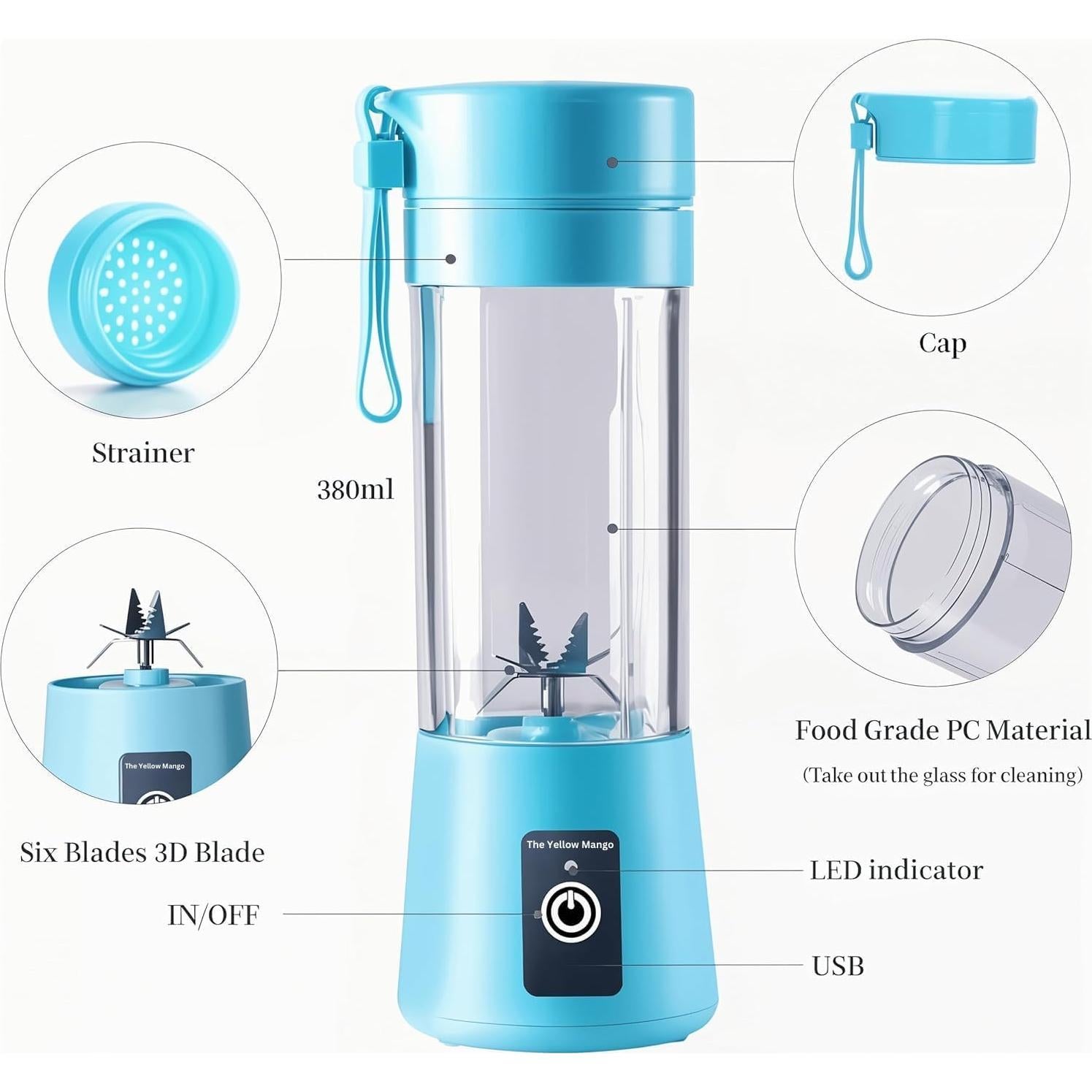 Portable Blender,Mini 6-blade Mixer for Smoothie,Milkshake, Juice, Mobile Hand juicer With USB Rechargeable For Travel, office, picnic, fitness (Blue)