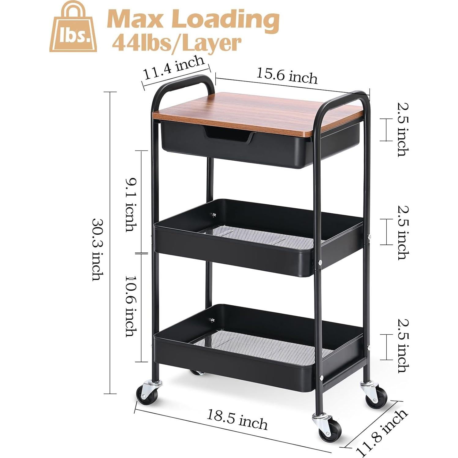Carro de Utilidad Rodante TOOLF 3 Niveles con Cajón y Madera