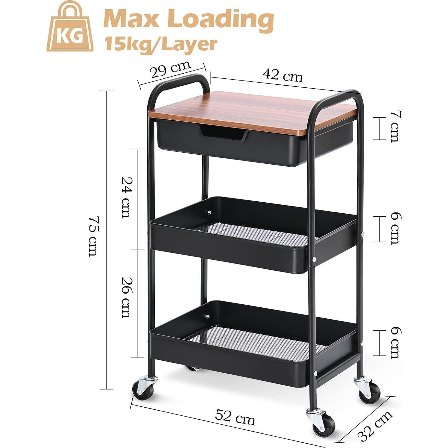 Carro de Utilidad Rodante TOOLF 3 Niveles con Cajón y Madera