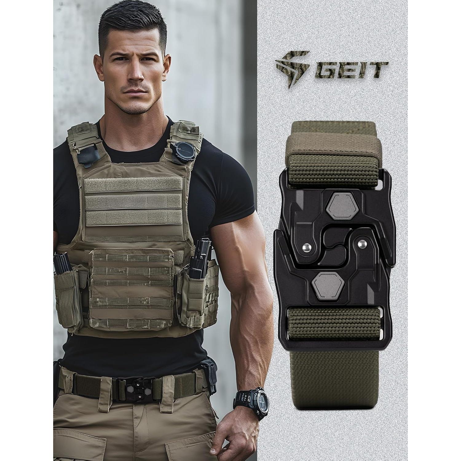 Cinturón Táctico GEIT de Nylon Elástico - Militar Verde 90-97 cm