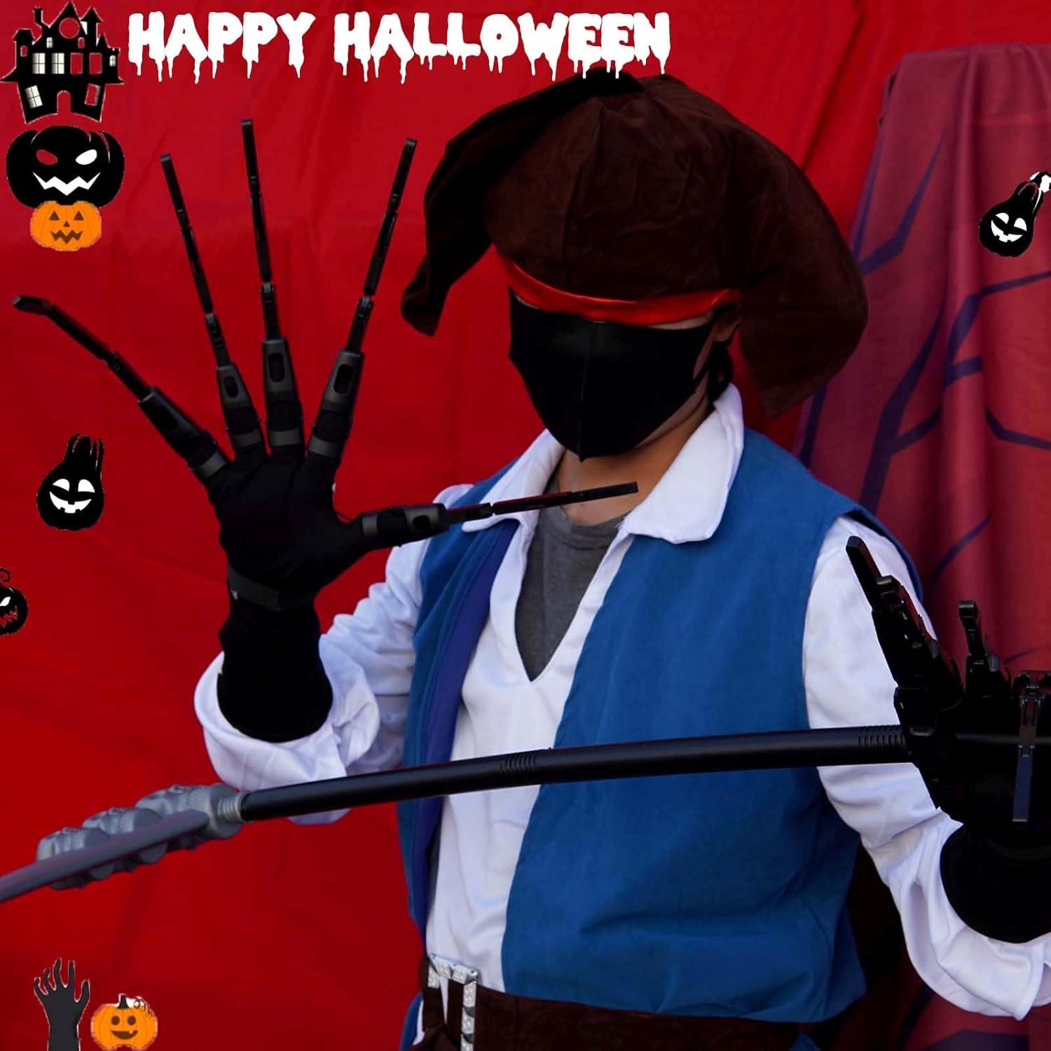 Magoog Halloween Articulated Fingers with Gloves,Articulated Finger Extensions,Scary Skeleton Bone Claw Hand,3D Printed Novelty Props for Cosplay,Fits Most Fingers Sizes,1 Pair Black