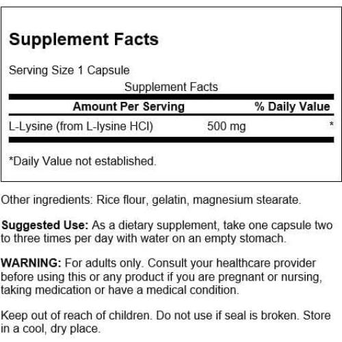 Swanson L-Lysine 500 mg 100 Cápsulas - Apoyo Inmunológico