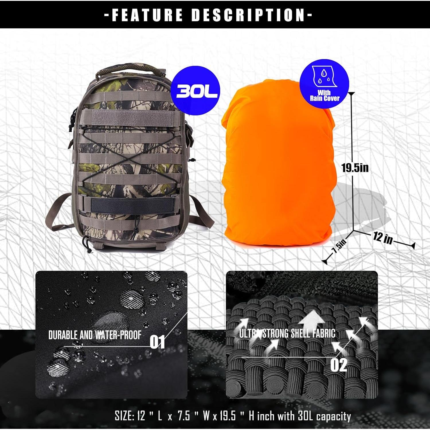 Mochila de Caza Camo con Soporte para Rifle 30L Impermeable