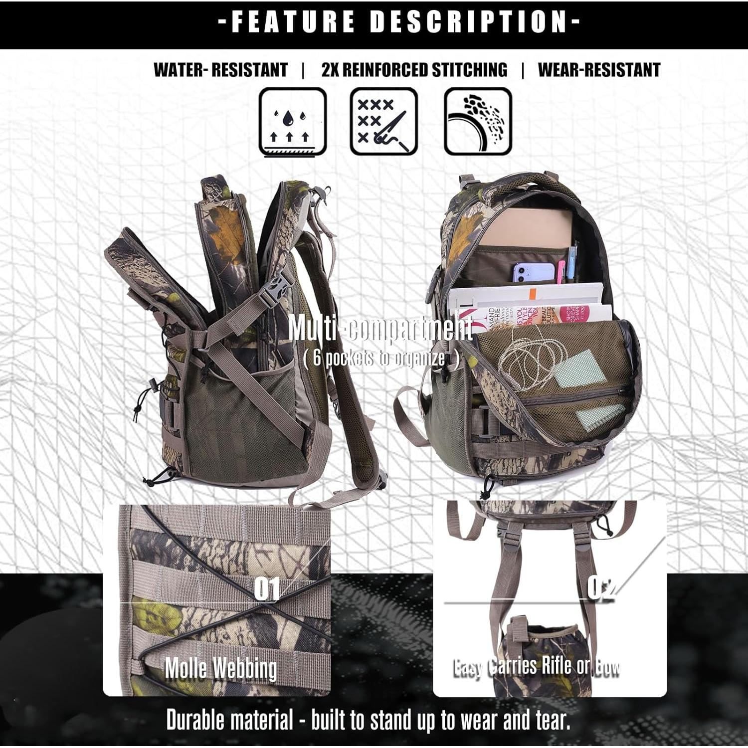 Mochila de Caza Camo con Soporte para Rifle 30L Impermeable