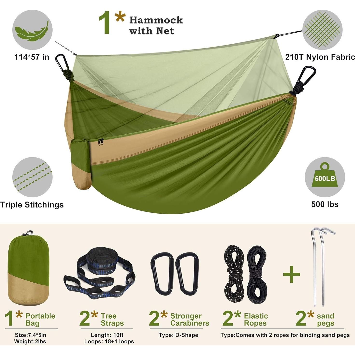 Hamaca Doble Qevooon de Nylon Paracaídas Verde y Caqui