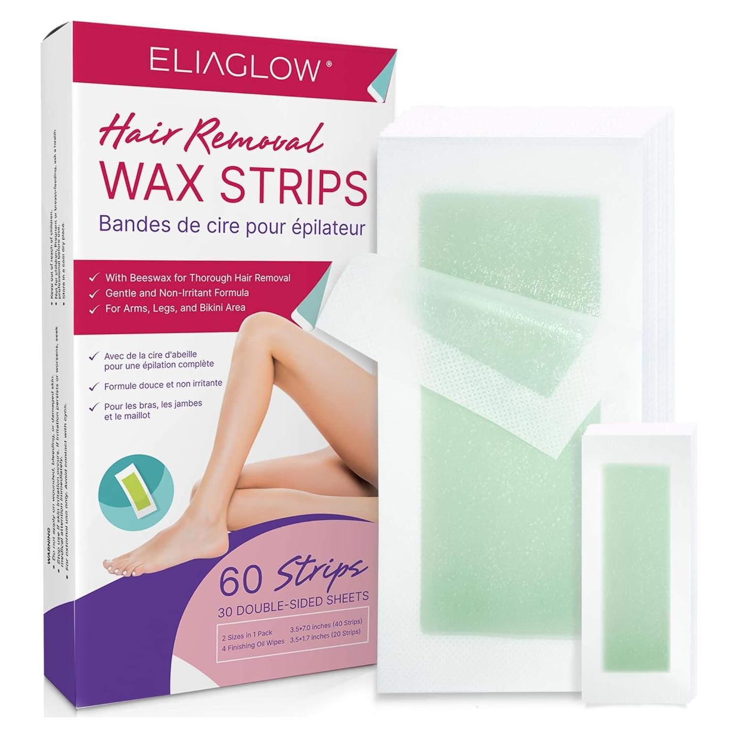 Wax Strips Hair Removal for Women: Waxing Kit with 60 Body Waxing Strips Dual Sides & 4 Calming Oil Wipe For Face, Bikini, Legs, Lip, Eyebrow