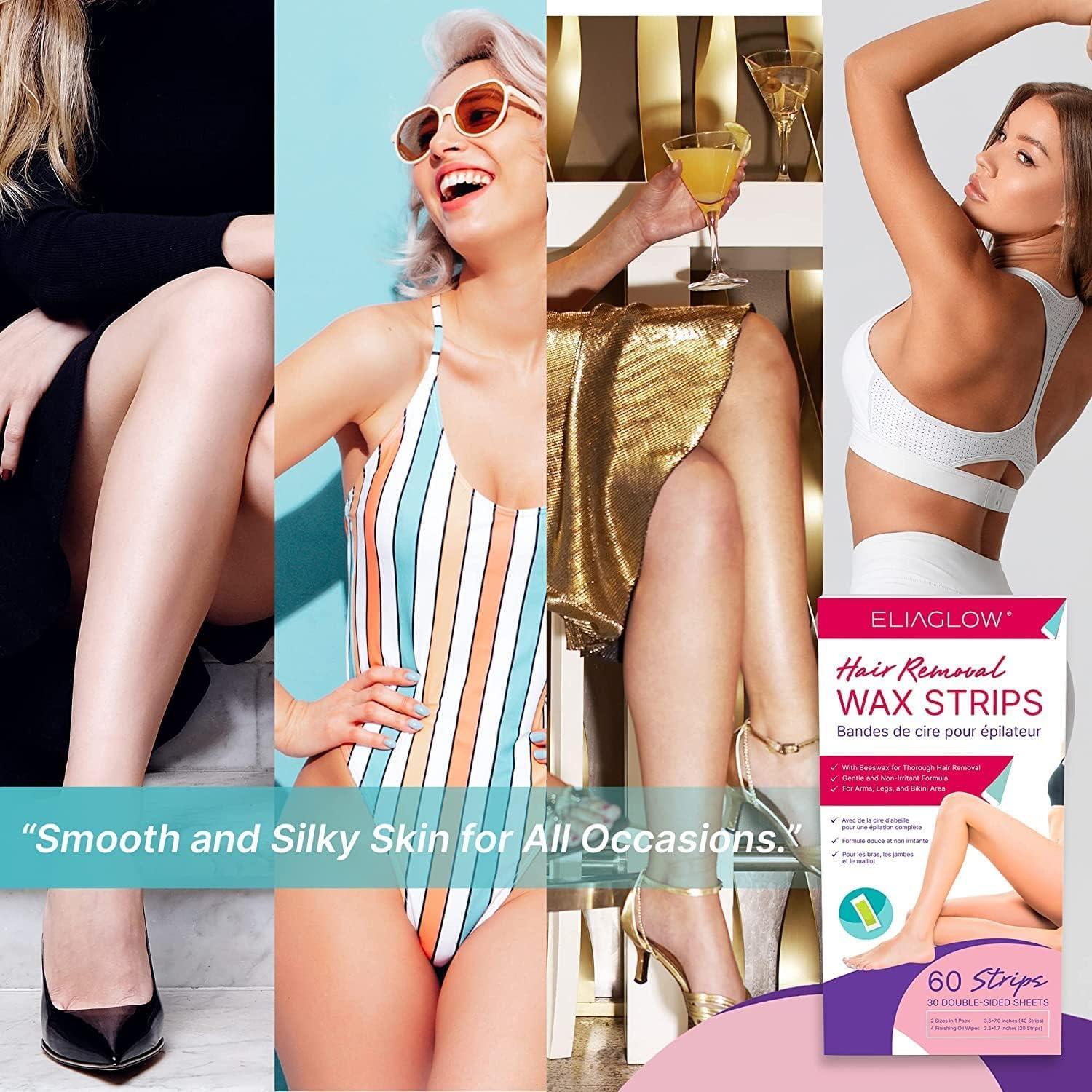 Wax Strips Hair Removal for Women: Waxing Kit with 60 Body Waxing Strips Dual Sides & 4 Calming Oil Wipe For Face, Bikini, Legs, Lip, Eyebrow