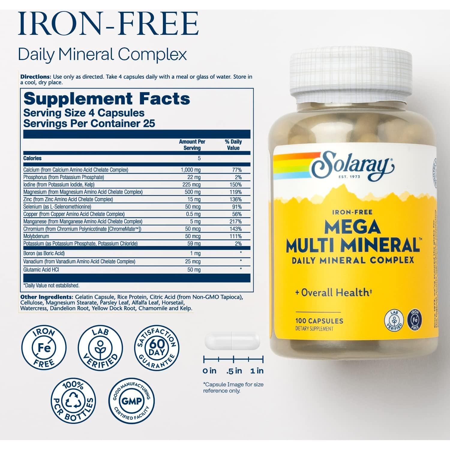 Solaray Mega Multi Mineral No Iron, Vitamin Capsules (076280045147) (100 Capsules, 25 Servings)