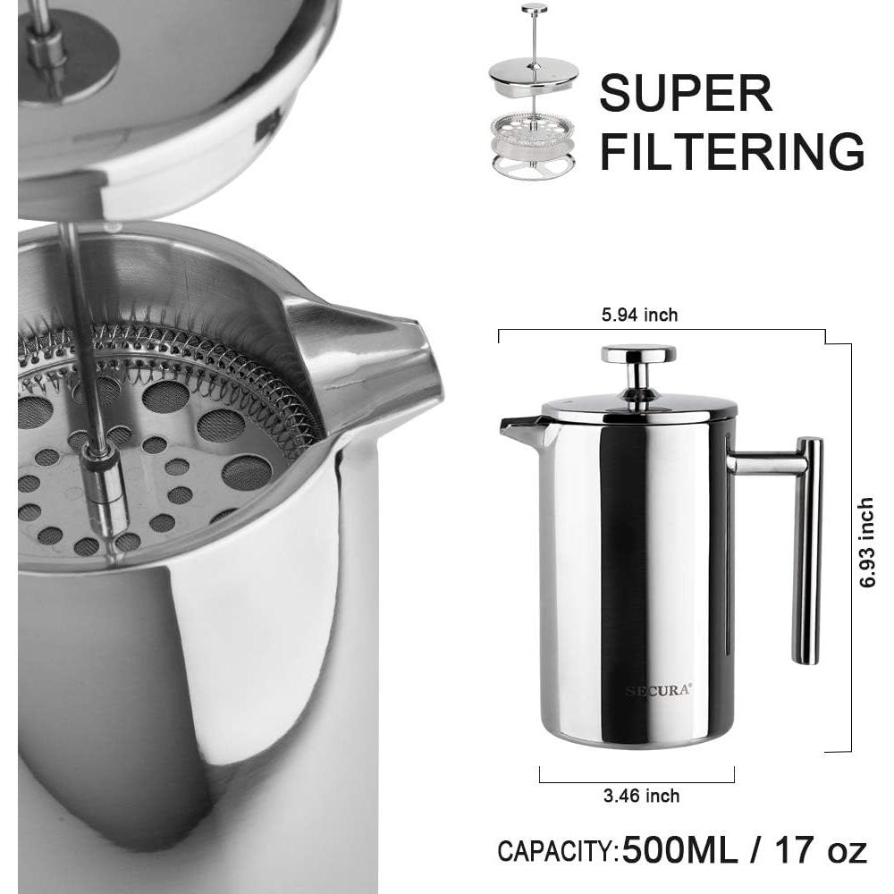 Cafetera Prensa Francesa Secura 17oz Acero Inoxidable Plata