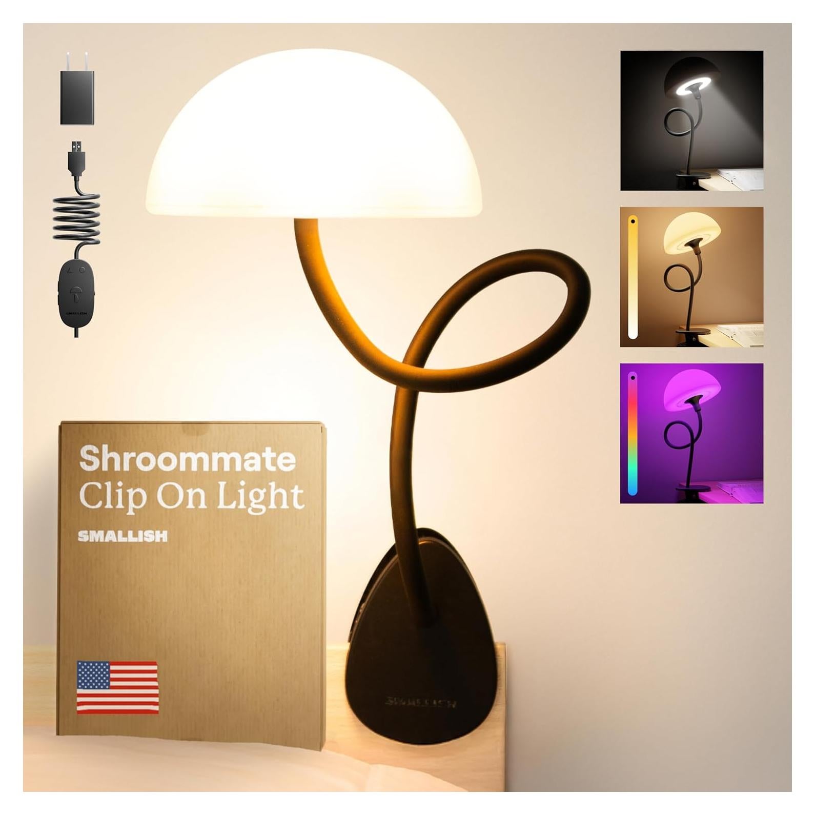 Shroommate Clip On Light and Bedside Table Lamp, Reading Light, Night Light for Kids Nursery, Clip on for Desk, Bed Headboard, Multicolor Changing LEDs Lights, Adapter Included (Black)