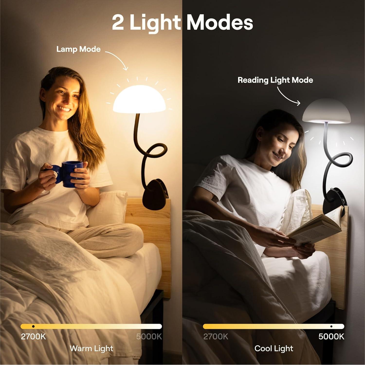Shroommate Clip On Light and Bedside Table Lamp, Reading Light, Night Light for Kids Nursery, Clip on for Desk, Bed Headboard, Multicolor Changing LEDs Lights, Adapter Included (Black)