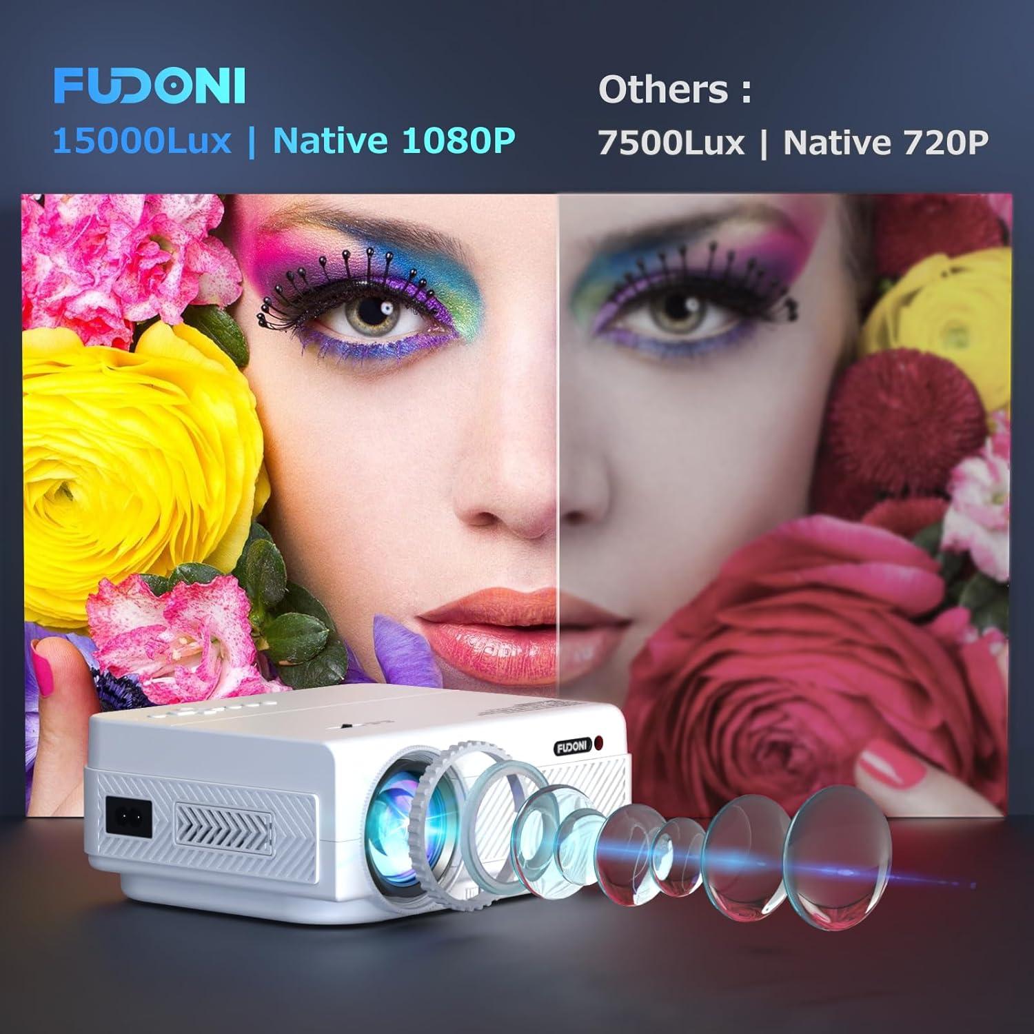 Projector with WiFi and Bluetooth, FUDONI 5G WiFi Native 1080P Outdoor Projector 15000L Support 4K, Portable Movie Projector with Screen and Max 300", for iOS/Android/Laptop/TV Stick/HDMI/USB/VGA/TF