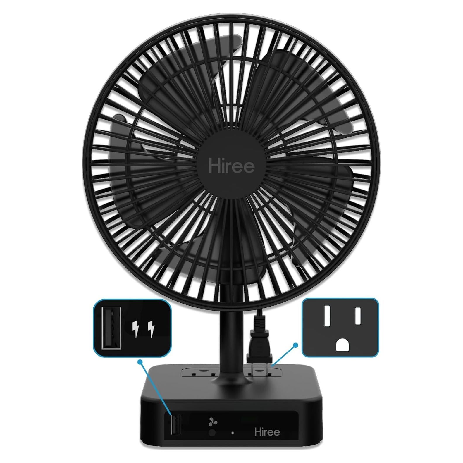 Desk Fan with USB Charging Port, 2 Speeds 6.7 Inch Small Desktop Table Fan with USB Charger, AC Outlets, Strong Wind, Quiet Operation - Personal Fan for Bedroom, Home, Office and Dorm Room