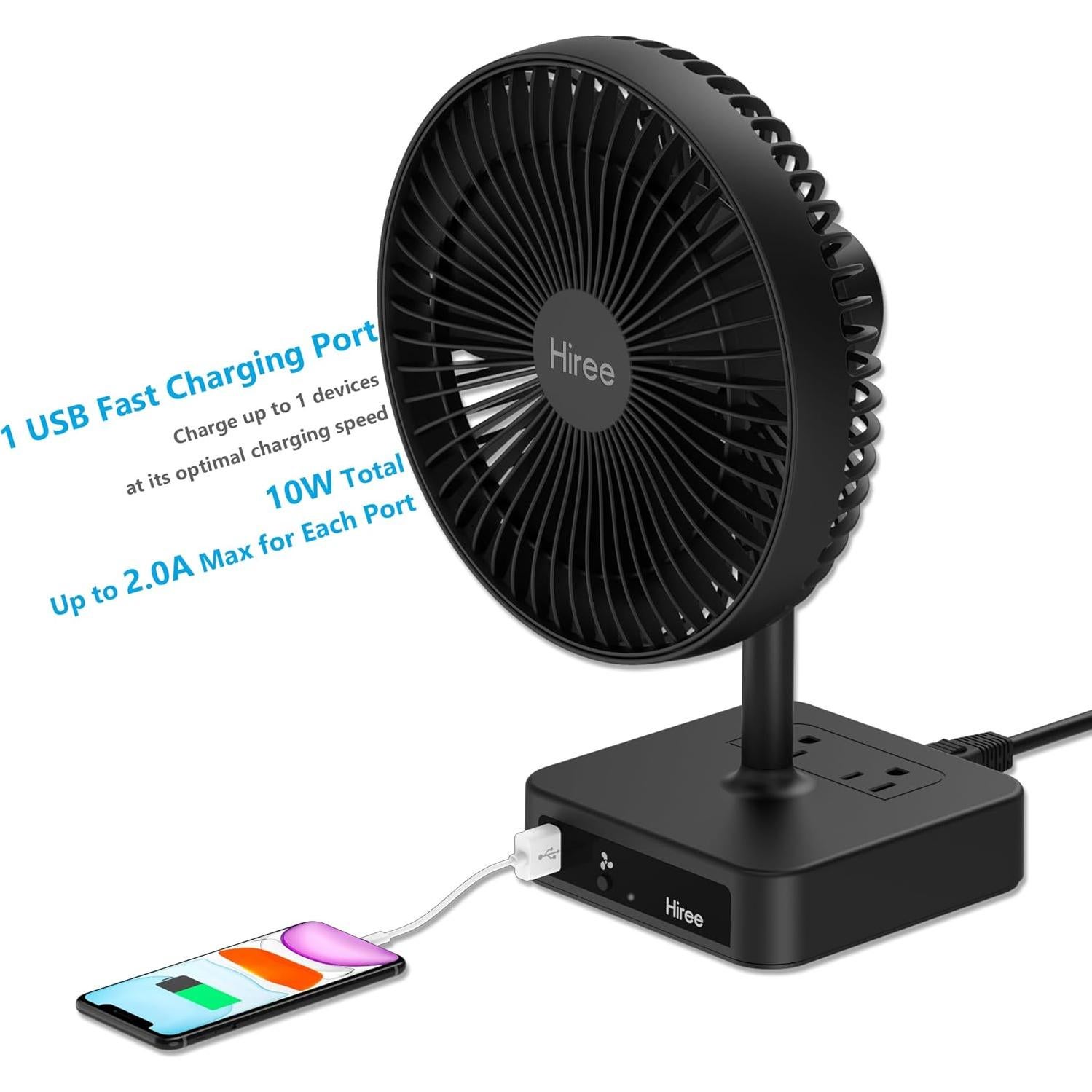 Desk Fan with USB Charging Port, 2 Speeds 6.7 Inch Small Desktop Table Fan with USB Charger, AC Outlets, Strong Wind, Quiet Operation - Personal Fan for Bedroom, Home, Office and Dorm Room