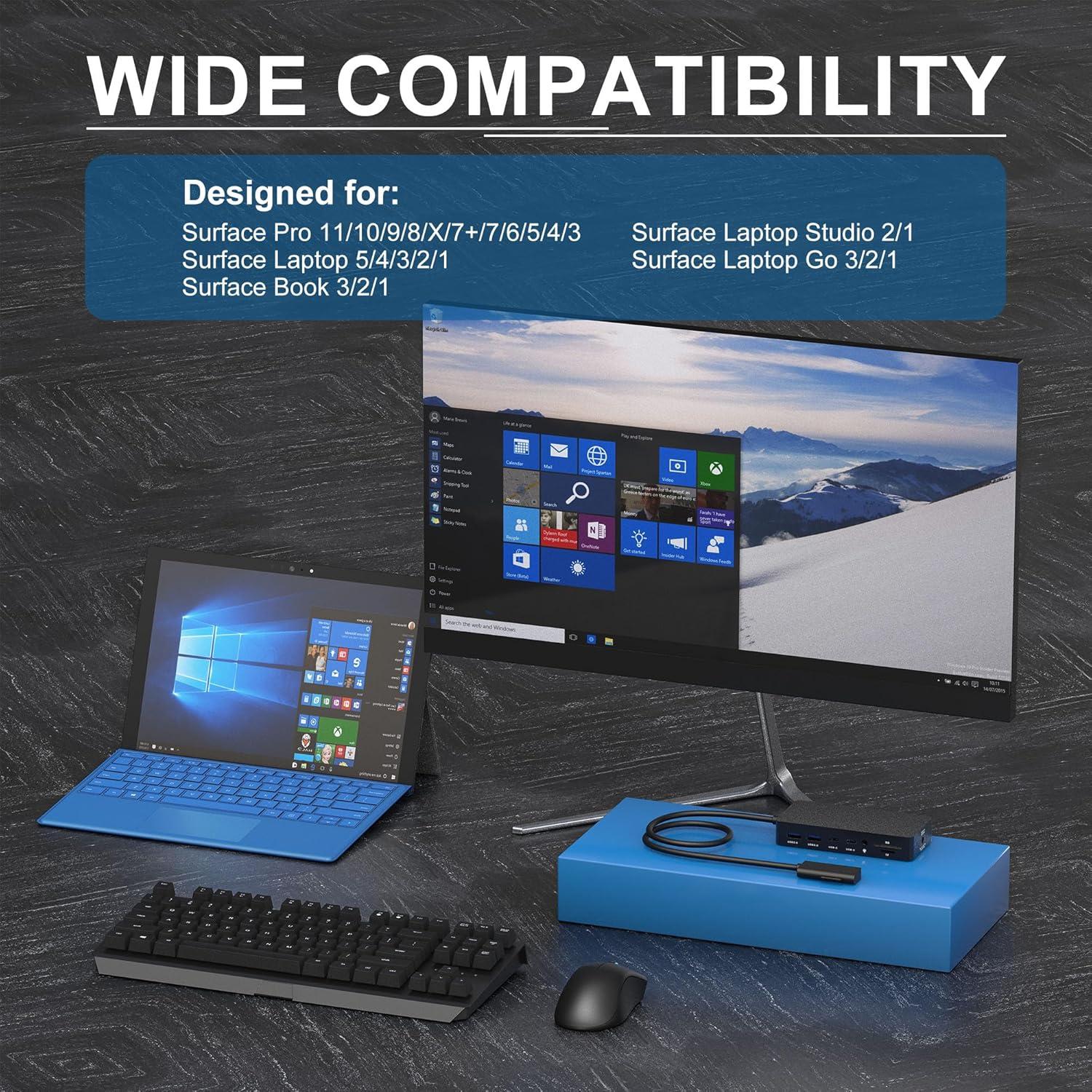 Microsoft Surface Docking Station with Triple Displays 2 HDMI+VGA, 12 in 1 Surface Dock for Surface Pro 11/10/9/8/X/7/6/5/4/3, Surface Laptop 6/5/4/3/2/1, Surface Laptop Go 3/2/1, Surface Book