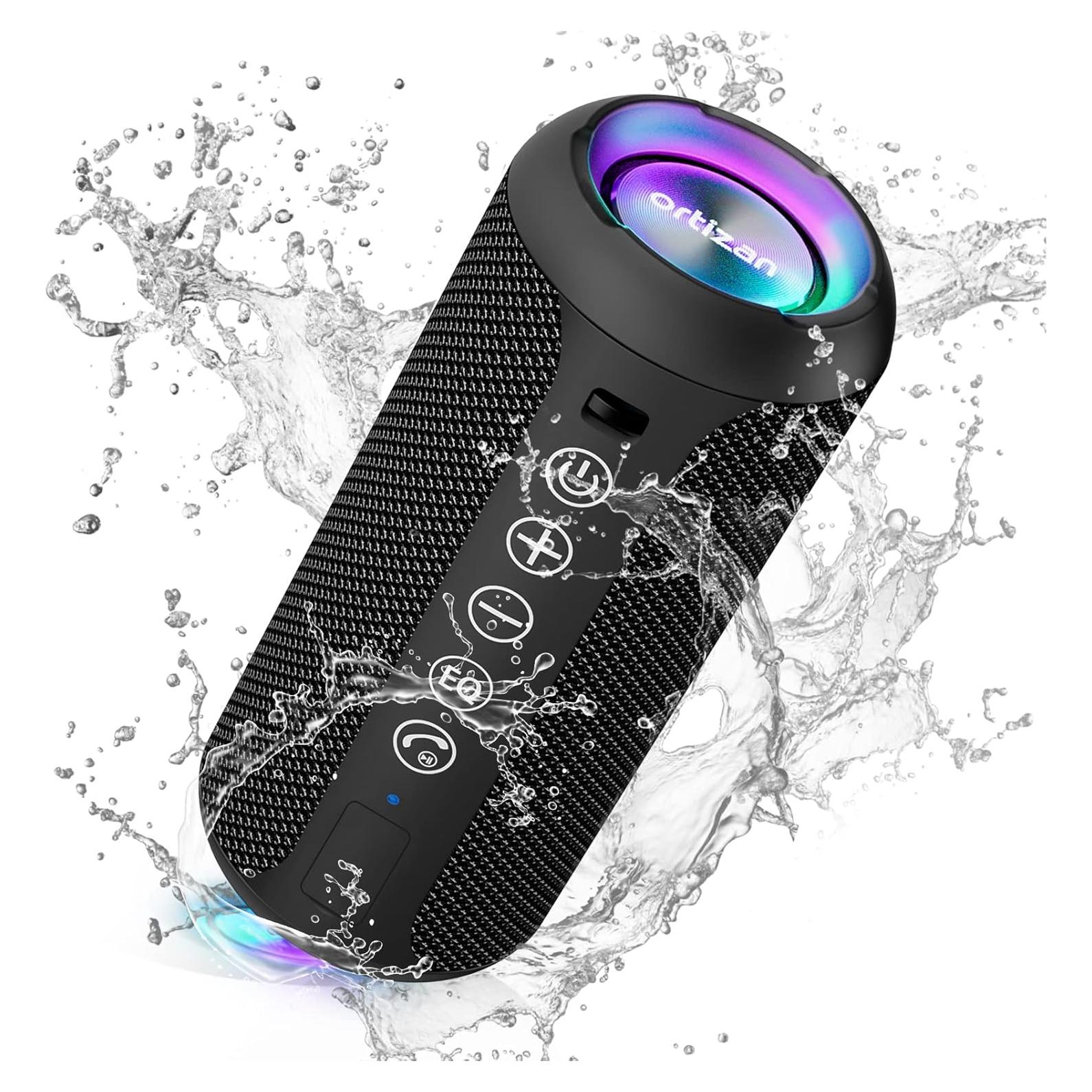 Ortizan Portable Bluetooth Speaker: IPX7 Waterproof, 24W Loud Sound, Deep Bass, Bluetooth 5.3, LED Lights, Wireless Stereo Pairing, 30H Playtime, for Home/Outdoor/Party/Beach, Birthday Gift (Black)