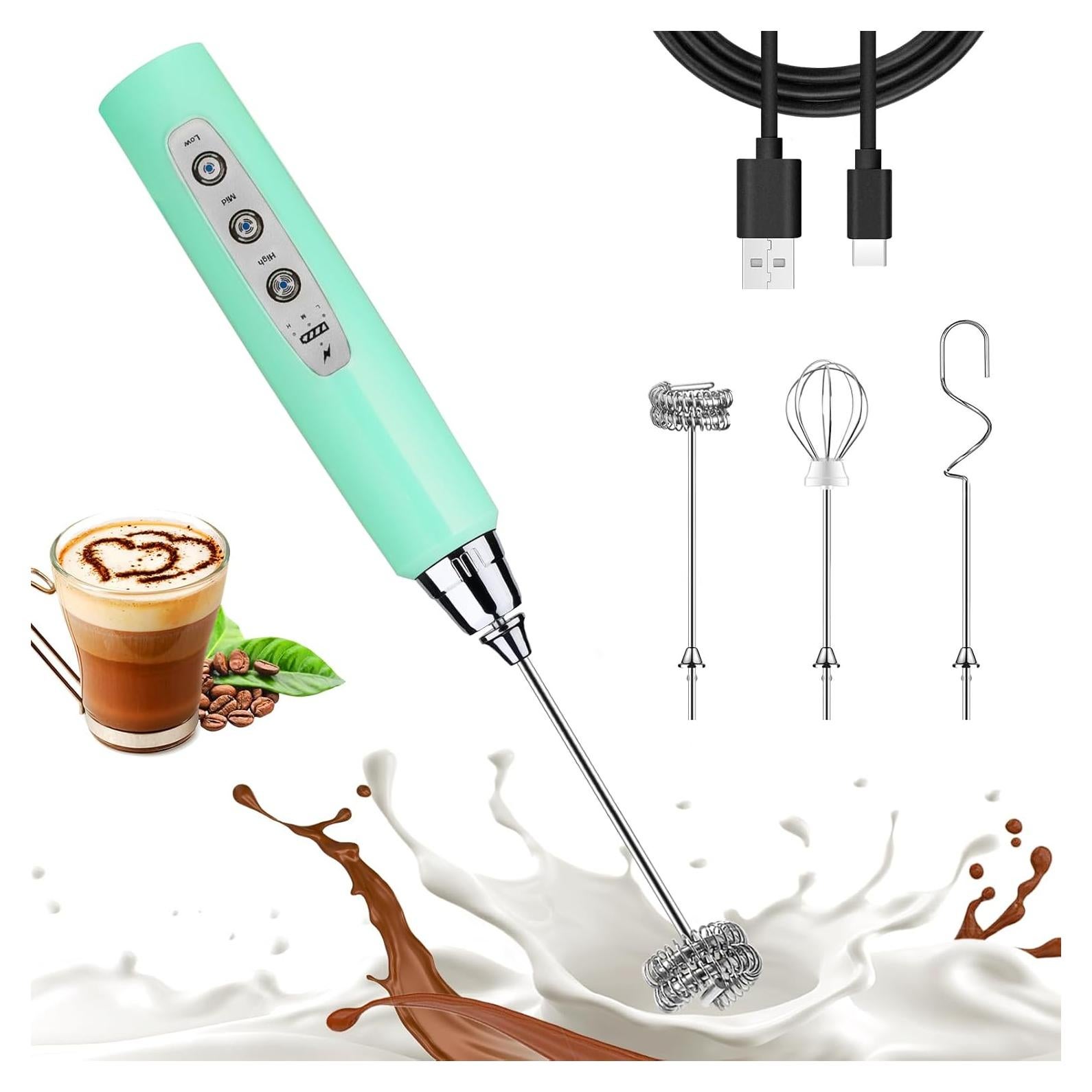Nahida Baby Blue Milk Frother Wand for Coffee, Frother Handheld Rechargeable Electric Whisk with 3 Heads 3 Speeds Drink Mixer Coffee Frother Foam Maker For Latte, Cappuccino, Hot Chocolate, Egg