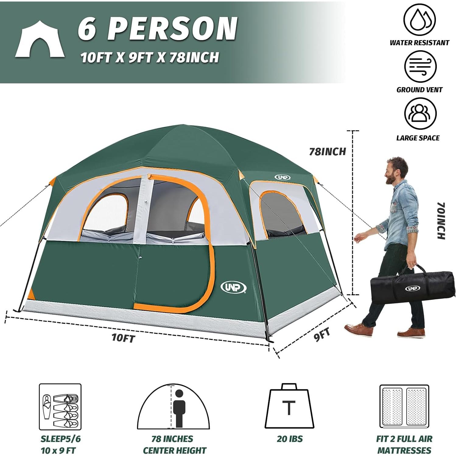 Tienda de Camping UNP para 6 Personas Impermeable Verde