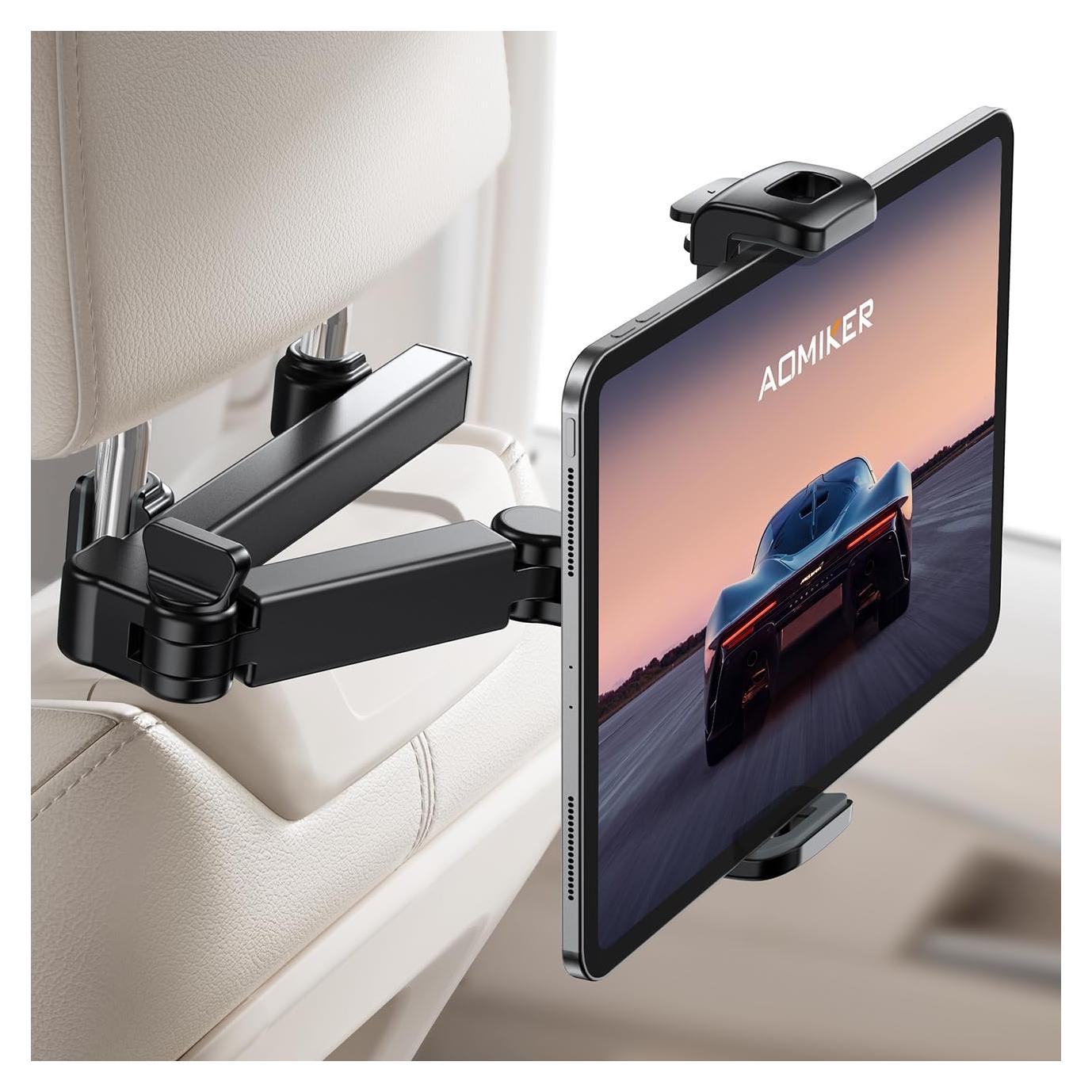 iPad Holder Car Headrest - [Stretchable Arm] 2025 Adjustable Tablet Mount for Car Backseat, Travel Road Trip Essentials for Kids, for iPad Pro, Air, Mini, Samsung Tab, 4.7-11” Device - Black