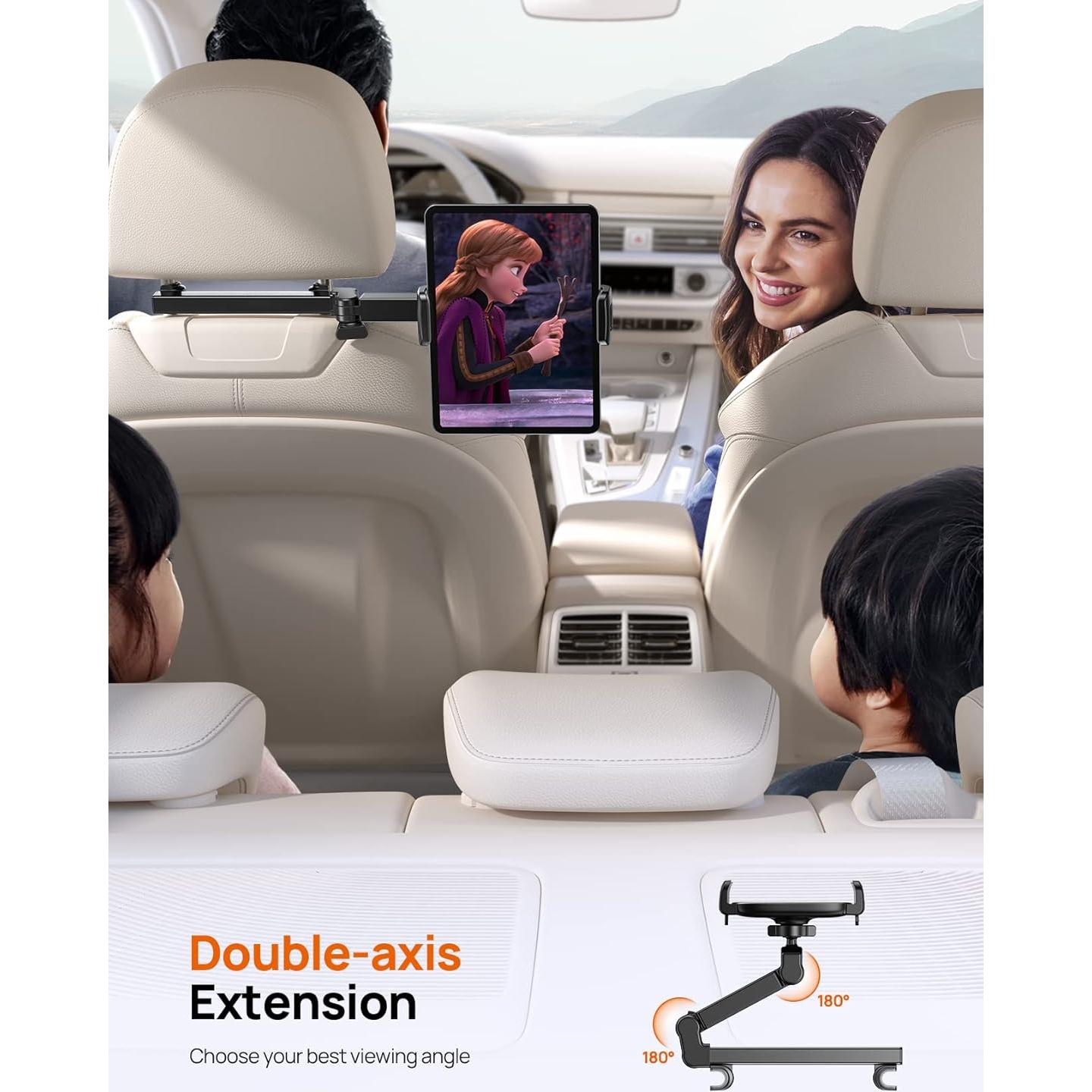 iPad Holder Car Headrest - [Stretchable Arm] 2025 Adjustable Tablet Mount for Car Backseat, Travel Road Trip Essentials for Kids, for iPad Pro, Air, Mini, Samsung Tab, 4.7-11” Device - Black