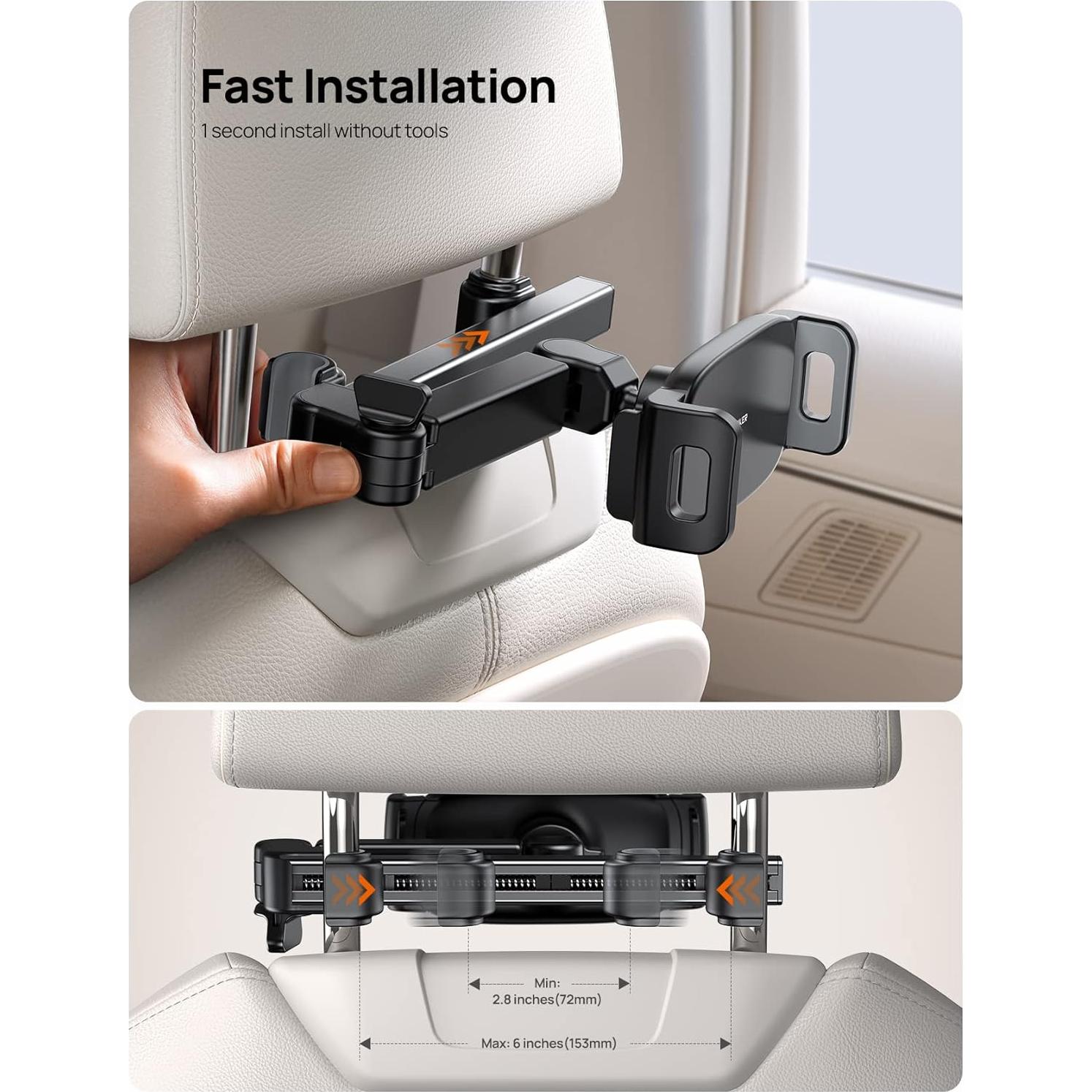 iPad Holder Car Headrest - [Stretchable Arm] 2025 Adjustable Tablet Mount for Car Backseat, Travel Road Trip Essentials for Kids, for iPad Pro, Air, Mini, Samsung Tab, 4.7-11” Device - Black