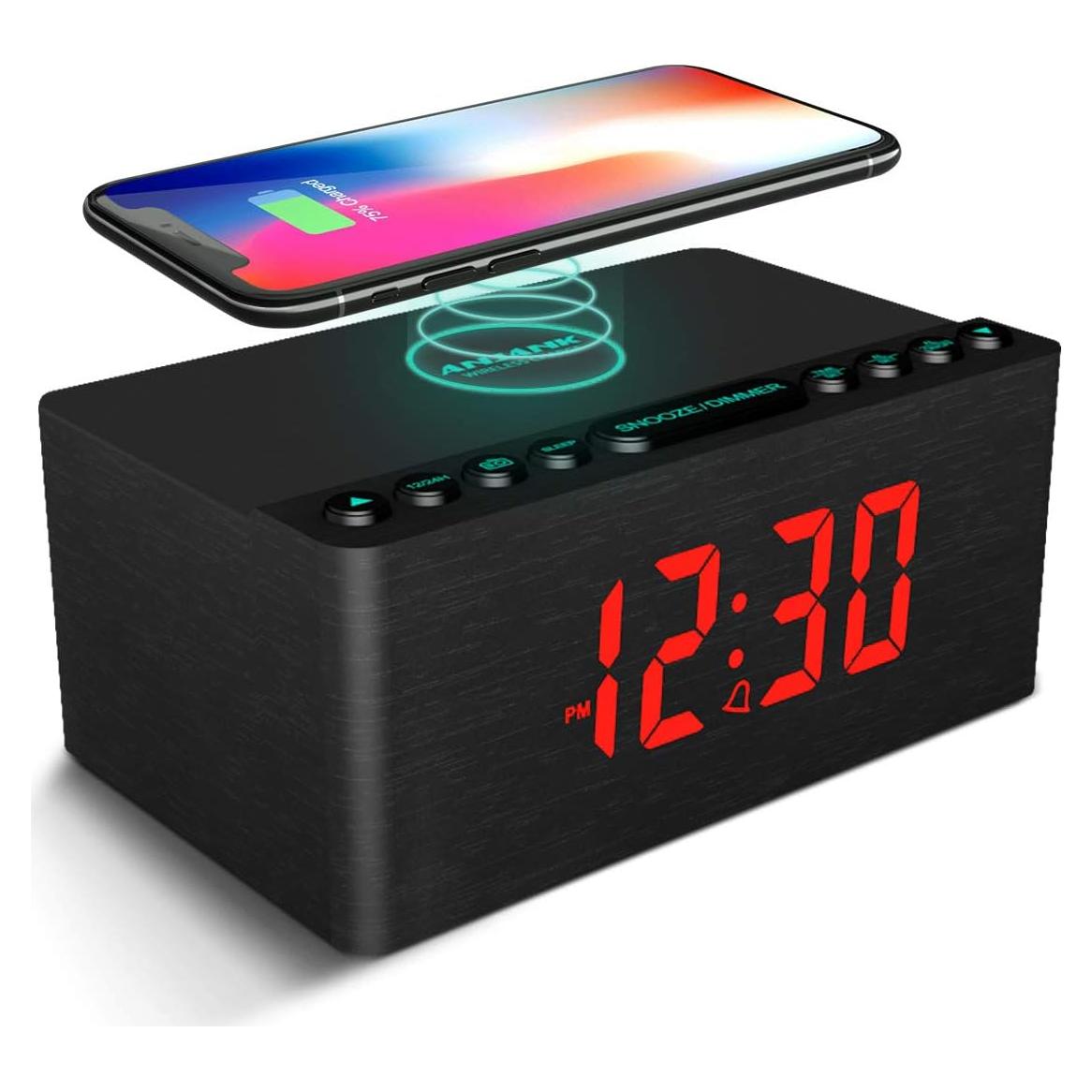 Reloj Despertador Digital ANJANK de Madera con Carga Inalámbrica