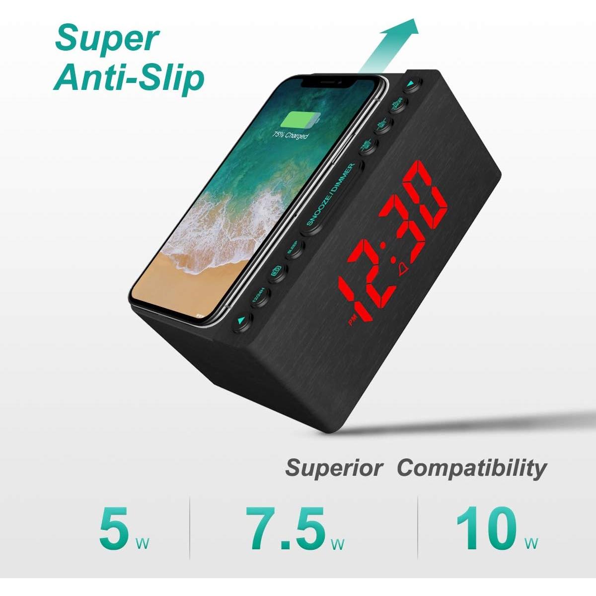 Reloj Despertador Digital ANJANK de Madera con Carga Inalámbrica