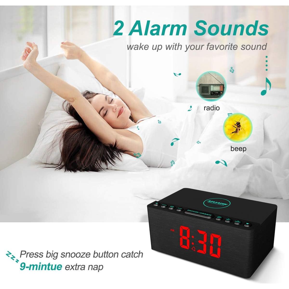 Reloj Despertador Digital ANJANK de Madera con Carga Inalámbrica