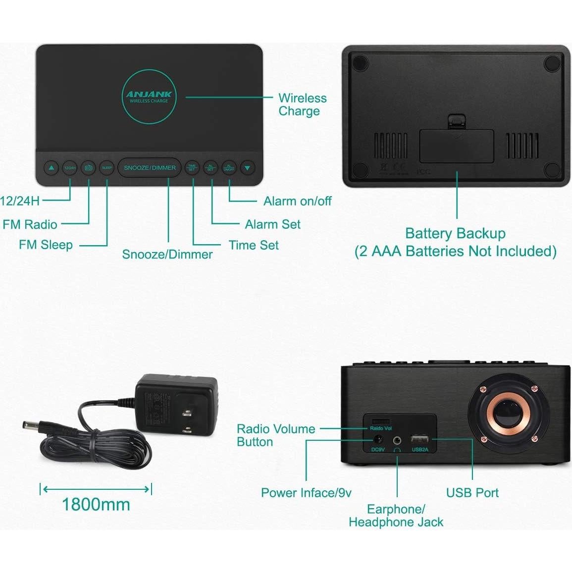 Reloj Despertador Digital ANJANK de Madera con Carga Inalámbrica