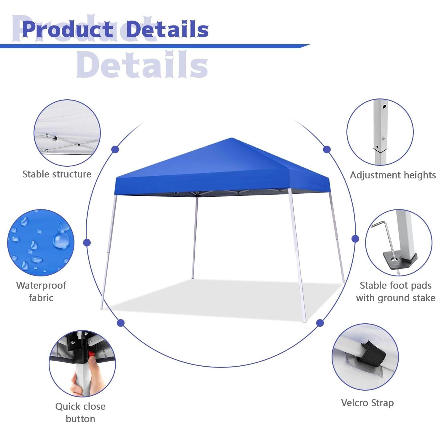Canopy Tent, 10X10 FT Pop Up Canopy Outdoor Instant Tent Slant Legs with Carrying Bag, Portable Gazebo Shelter for Patio Deck Garden and Beach - 8X8 FT Canopy Cover, Blue