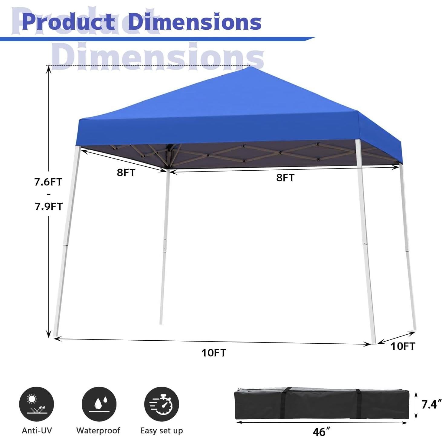 Canopy Tent, 10X10 FT Pop Up Canopy Outdoor Instant Tent Slant Legs with Carrying Bag, Portable Gazebo Shelter for Patio Deck Garden and Beach - 8X8 FT Canopy Cover, Blue