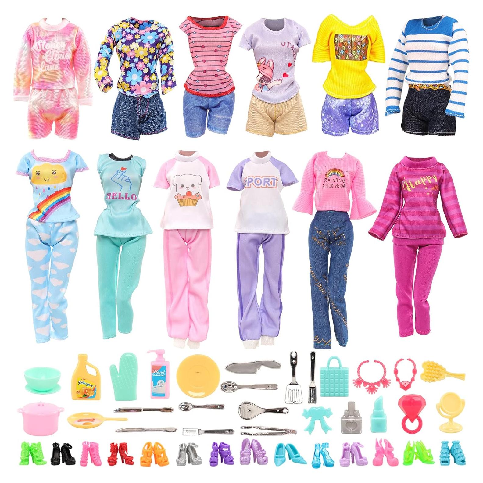 40 PCS Doll Clothes and Outfits - 6 Pants Outfits, 10 Shoes, 15 Makeup Accessories and 9 Tableware Accessories for 11.5 inch Doll Girl Dolls