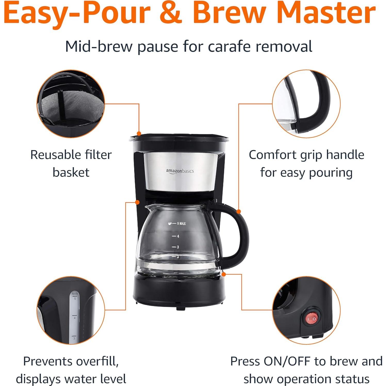 Cafetera de Goteo Amazon Basics 5 Tazas con Filtro Reutilizable