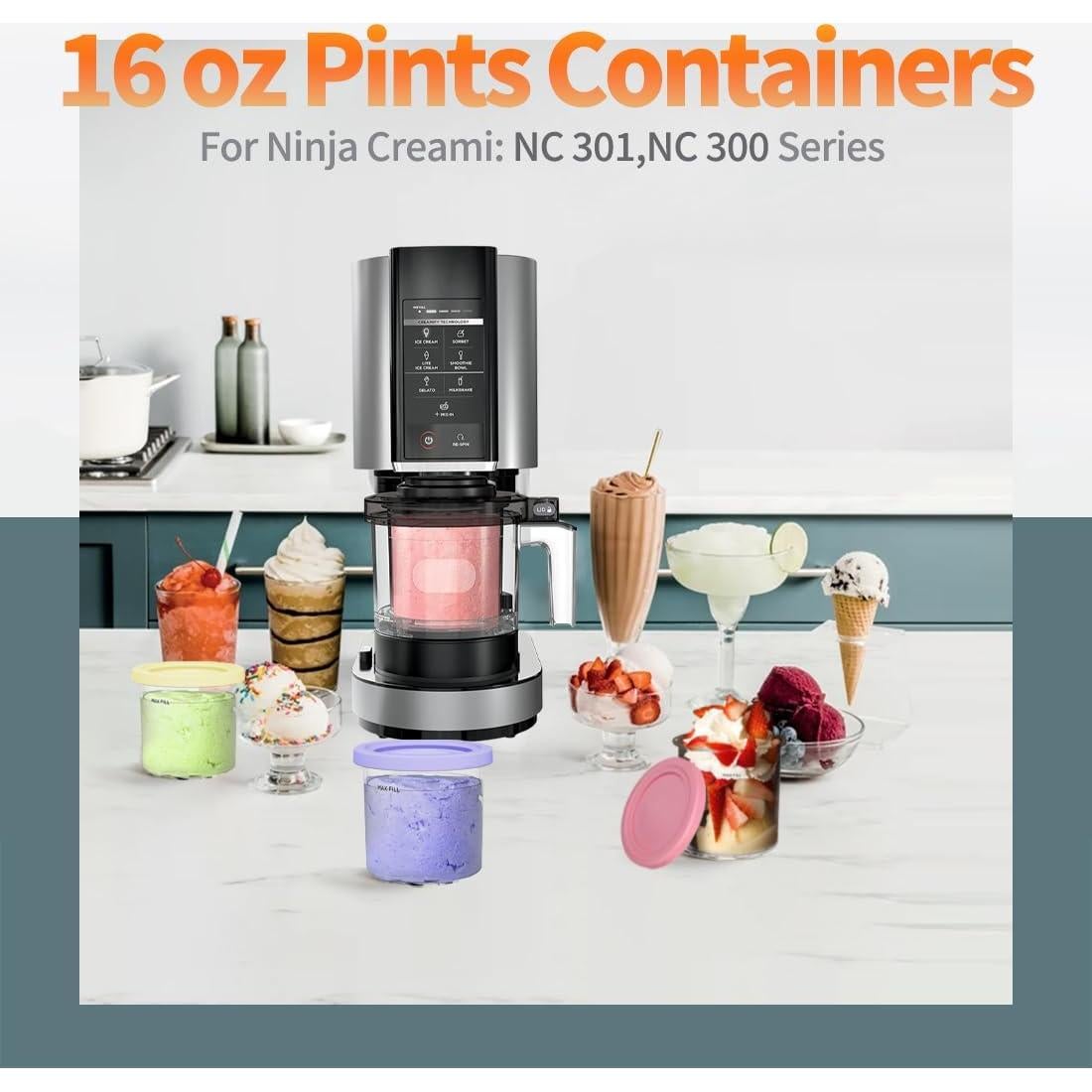 Containers Replacement for Ninja Creami 7-in-1 Pints and Lids -4 Pack 16 oz- Compatible with NC301, NC300 NC299AMZ Series-Leak Proof Lids Dishwasher Safe