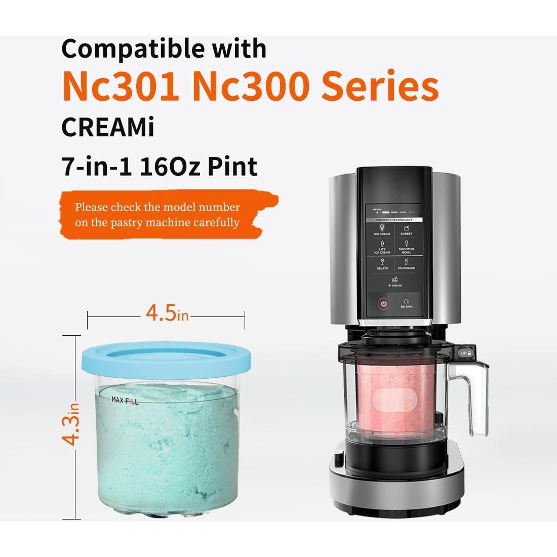 Containers Replacement for Ninja Creami 7-in-1 Pints and Lids -4 Pack 16 oz- Compatible with NC301, NC300 NC299AMZ Series-Leak Proof Lids Dishwasher Safe