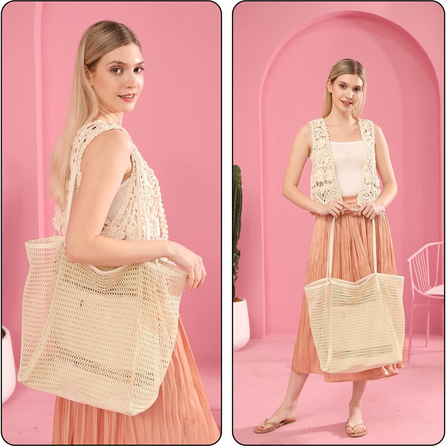 Bolsa de Playa de Malla Grande Iioscre 45.7x35.6cm Beige