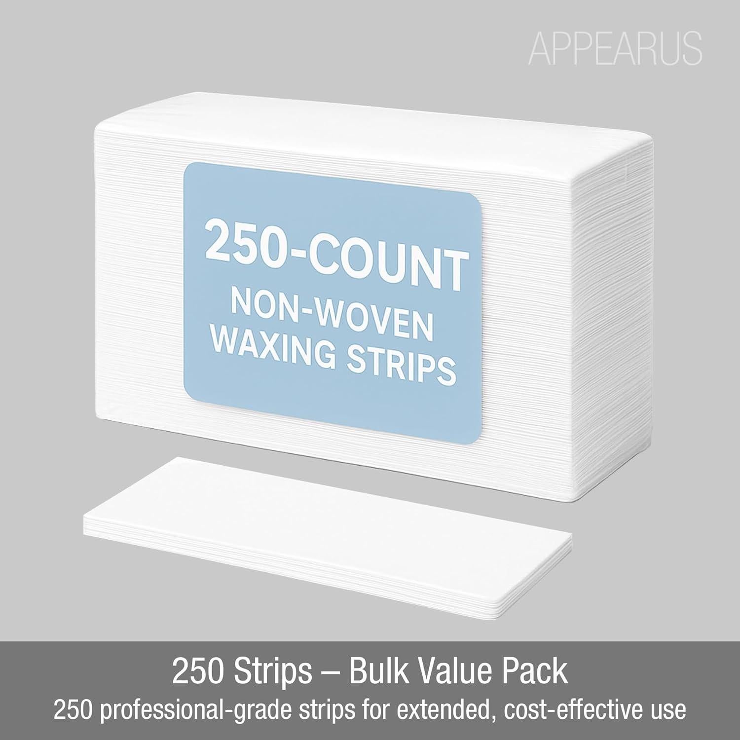 Appearus 250-Count Large 3x9 Non-Woven Waxing Strips – 90 gsm Tear-Resistant, Lint-Free Epilating Strips for Face & Body – Compatible with All Soft Waxes – Professional Spa-Grade Hair Removal